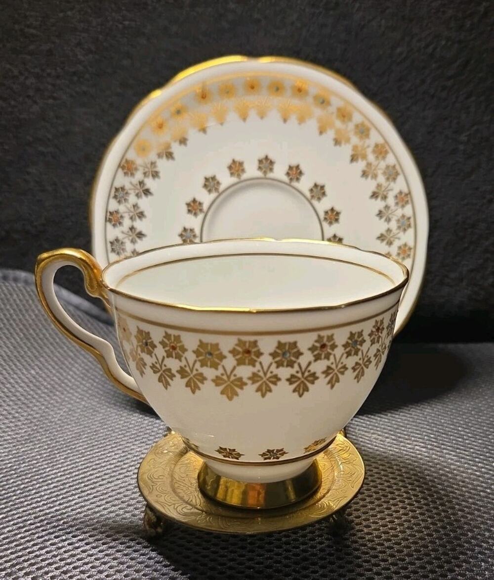 Vintage 1940s Royal Stafford Bone China England Cup & Saucer Set Gold Flowers